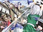  6+girls :&lt; =_= architecture bag battle camera character_doll cherry_blossoms chimu duel east_asian_architecture flying geta hakurei_reimu hieda_no_akyuu inubashiri_momiji izayoi_sakuya knife konpaku_youmu multiple_girls pouch road saigyouji_yuyuko shameimaru_aya street sword tengu-geta throwing_knife touhou village weapon 