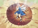  blue_hair bow cirno crater dragon_ball dragon_ball_z hair_bow hyuuga_azuri parody power-up short_hair solo touhou wings yamcha_pose 