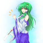  clenched_hand detached_sleeves frog gohei green_hair hair_ornament kochiya_sanae long_hair reg_(artist) snake solo touhou yellow_eyes 