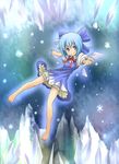  bad_id bad_pixiv_id barefoot bloomers blue_eyes blue_hair blush bow cirno hair_bow highres ice kats legs ribbon smile snowing solo touhou underwear wings 