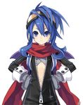  1girl blue_eyes blue_hair bodysuit character_request compile_heart female gloves goggles gust hands_on_hips idea_factory long_hair n1 neptune nippon_ichi nippon_ichi_(choujigen_game_neptune) nisa official_art prinny scarf sega simple_background solo super_dimension_game_neptune unzipped white_background 