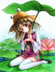  bad_id bad_pixiv_id blonde_hair eyes flower hat leaf leaf_umbrella lily_pad lotus moriya_suwako ne-on sitting solo thighhighs touhou traditional_media water watercolor_(medium) yellow_eyes 