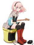  aqua_eyes black_legwear boots guitar headphones highres instrument original pink_hair sitting skirt solo takagi_(tansuke) tansuke thighhighs 