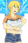  bad_id bad_pixiv_id bange blonde_hair blue_eyes hyakko kageyama_torako long_hair midriff navel ponytail short_shorts shorts solo sweat wet wet_clothes wringing_clothes wristband 