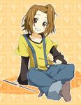  alternate_hairstyle brown_eyes brown_hair drumsticks grin ixy k-on! ponytail short_hair side_ponytail smile solo suspenders tainaka_ritsu 