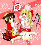  animal_ears apron bandana barefoot blonde_hair bowl brown_eyes brown_hair cake cat_ears cat_tail chef_hat chen crystal flandre_scarlet food fruit hair_ribbon hat heart icing izuna_nie long_hair looking_back multiple_girls multiple_tails pastry pastry_bag red_eyes ribbon side_ponytail sitting spoken_heart strawberry tail toque_blanche touhou wariza whisk wings 