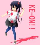  absurdres bad_id bad_pixiv_id black_hair brown_eyes food fruit highres holding holding_food holding_fruit k-on! leaning_forward listen!! long_hair nakano_azusa pantyhose perspective polka_dot side_ponytail solo strawberry takano_suzu 