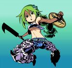  alternate_costume aoi_tobira aqua_background green_hair hatchet kochiya_sanae long_hair lowres nose_hatchet parody sekaiju_no_meikyuu sekaiju_no_meikyuu_3 solo touhou warrior_(sekaiju) 