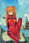  arm_behind_back bangs blue_eyes bodysuit bracer breasts building cloud day duplicate gloves hair_between_eyes hair_ornament hand_on_own_knee hashi hips knee_up light_smile long_hair looking_at_viewer mountain neon_genesis_evangelion number orange_hair outdoors plugsuit rock ruins shiny shiny_clothes sky skyscraper small_breasts smile solo souryuu_asuka_langley traffic_light turtleneck two_side_up water 