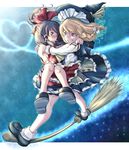  ao_usagi black_hair blonde_hair blush bow breasts broom broom_riding broom_surfing carrying commentary detached_sleeves flying grin hair_bow hakurei_reimu hat heart kirisame_marisa legs medium_breasts multiple_girls princess_carry sideboob smile touhou witch_hat 