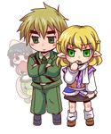  2girls aoi_tobira axis_powers_hetalia belt bow chibi crossover eyebrows full_body kappa lowres military military_uniform mizuhashi_parsee multiple_girls necktie pointy_ears sam_browne_belt scarf skirt standing touhou transparent_background uniform united_kingdom_(hetalia) 