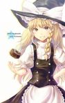  apron blonde_hair braid buttons dress grin hair_ribbon hand_on_hip hat hyuuga_azuri kirisame_marisa mini-hakkero ribbon side_braid smile solo star touhou witch_hat yellow_eyes 