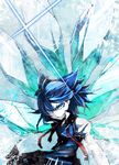  bad_id bad_pixiv_id banned_artist blue_eyes blue_hair bow cirno evil_grin evil_smile glint grin hair_bow ice s_tanly smile solo touhou wings 
