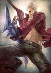  coat dante_(devil_may_cry) devil_may_cry devil_may_cry_3 fingerless_gloves gloves guitar instrument male_focus rae silver_hair solo white_eyes younger zipper 