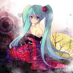  back bare_back blue_eyes blue_hair flower hair_flower hair_ornament hatsune_miku japanese_clothes kimono kokonoe_miya long_hair looking_back solo twintails vocaloid 