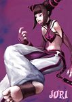  barefoot drill_hair feet fingerless_gloves flat_chest gloves glowing glowing_eye halter_top halterneck han_juri highres karee muscle nail_polish purple_nails soles solo street_fighter street_fighter_iv_(series) twin_drills 