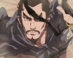  armor beard brown_eyes brown_hair cape facial_hair frown kouto29 male_focus mustache ribbon sideburns solo souten_kouro xiahou_dun 