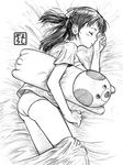  ass graphite_(medium) greyscale hair_ribbon monochrome panties ribbon sketch sleeping solo sora_no_woto stuffed_animal stuffed_toy suminoya_kureha traditional_media twintails underwear yoshikawa_kazunori 