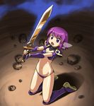  :o armor bad_id bad_pixiv_id bikini_armor boots fingerless_gloves gauntlets gloves knee_boots kneeling navel original pauldrons purple_eyes purple_footwear purple_hair rock rohitsuka short_hair solo sword weapon 