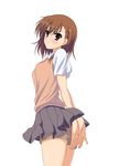  absurdres brown_eyes brown_hair covering covering_ass highres looking_back misaka_mikoto school_uniform shindou_shuuji short_hair shorts solo sweater_vest to_aru_kagaku_no_railgun to_aru_majutsu_no_index 