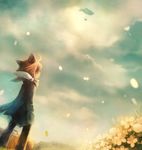  aircraft animal_ears bad_id bad_pixiv_id bag blimp brown_hair cat_ears day dirigible flower original petals sky solo sui_(petit_comet) wind 