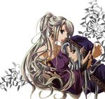  1boy 1girl bare_shoulders blue_hair bridal_gauntlets brother_and_sister chrono_(series) chrono_trigger earrings female green_eyes hood jewelry long_hair magus male pendant pointy_ears red_eyes schala_zeal siblings silver_hair tanpopopo 