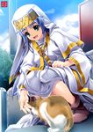  blue_hair cat green_eyes habit index long_hair nun rakujin robe safety_pin sitting smile solo sphinx_(index) to_aru_majutsu_no_index 