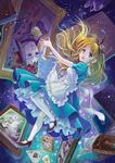  alice_(wonderland) alice_in_wonderland apron blonde_hair blue_eyes book bow bunny card cat cheshire_cat cup dress floating_card hair_bow hair_ribbon long_hair mad_hatter painting_(object) ribbon solo teacup thighhighs toyoda_izumi traditional_media white_rabbit 
