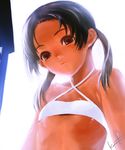  bikini black_hair brown_eyes child flat_chest highres kawata_hisashi long_hair looking_down original solo swimsuit tan twintails 