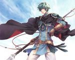  armor belt black_cape blue_eyes cape ephraim fire_emblem fire_emblem:_seima_no_kouseki gloves green_hair grin holding holding_weapon male_focus pants polearm potassium77 shoulder_armor smile solo spaulders spear weapon white_pants 