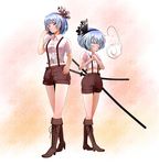  bad_id bad_pixiv_id boots colored_eyelashes cross-laced_footwear eyelashes fujiwara_no_mokou hairband hands_clasped high_heels konpaku_youmu konpaku_youmu_(ghost) lace-up_boots midriff multiple_girls navel own_hands_together sakurai_energy sheath shoes shorts standing suspenders sword touhou weapon 