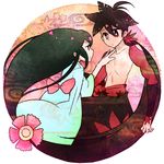  1girl black_hair brother_and_sister flower japanese_clothes katanagatari kimono leaf long_hair obi red_eyes sash shinryou_rei shirtless siblings yasuri_nanami yasuri_shichika 