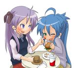  ahoge alternate_hairstyle blue_eyes blue_hair cup dorinko drink food french_fries green_eyes hamburger hiiragi_kagami izumi_konata long_hair lucky_star mole mole_under_eye mug multiple_girls one_eye_closed ponytail purple_hair twintails 