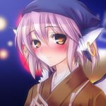  animal_ears blush brown_eyes close-up closed_mouth commentary_request earrings face hazuki_kasane head_scarf japanese_clothes jewelry light_smile looking_at_viewer mystia_lorelei okamisty pink_hair short_hair smile solo tasuki touhou wings 