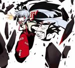  bad_id bad_pixiv_id bow fujiwara_no_mokou hair_bow high_contrast long_hair mouth_hold ofuda outstretched_arm outstretched_hand pants red_eyes solo suspenders symbol-shaped_pupils touhou vane white_hair 