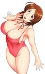  armpits arms_out bikini breasts brown_eyes brown_hair cleavage female happy large_breasts leotard open_mouth outstretched_arms short_hair sideboob simple_background smile solo standing swimsuit takasugi_kou thighs white_background 