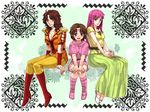  3girls airy awagiku brown_eyes brown_hair dress female girl green_eyes hokuto_no_ken lynn mamiya multiple_girls pants pink_hair purple_eyes shoulder_pads sitting yoshi_susuki 