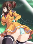  ass black_legwear blue_panties blush breasts brown_hair double_bun fujisawa_yayoi_(uchuu_no_stellvia) glasses green_eyes large_breasts leaning_forward orange_shirt panties shirt solo thighhighs tonpuu uchuu_no_stellvia underwear 