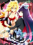  bad_id bad_pixiv_id blonde_hair breasts cleavage dress earrings gothic_lolita green_eyes hair_ribbon jewelry lolita_fashion long_hair medium_breasts multicolored_hair multiple_girls open_mouth panties panty_&amp;_stocking_with_garterbelt panty_(psg) red_dress ribbon shijima_tohiro short_dress stocking_(psg) thighhighs torn_clothes torn_legwear two-tone_hair underwear undressing 