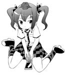  cellphone geta greyscale hat himekaidou_hatate kannazuki_hato long_hair monochrome phone plaid pleated_skirt simple_background sitting skirt solo tengu-geta tokin_hat touhou twintails wariza 