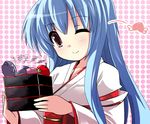  apple blue_hair blush fa_no_hito fish food fruit hinanawi_tenshi japanese_clothes long_hair obi one_eye_closed peach red_eyes sash solo touhou upper_body 