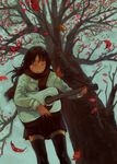  acoustic_guitar autumn bad_id bad_pixiv_id guitar highres instrument leaf nimirom original solo standing thighhighs tree 