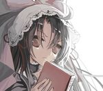  ahoge bad_id bad_pixiv_id black_eyes black_hair book bow chain collar dalian dantalian_no_shoka frown hair_bow hair_ornament hair_ribbon headdress large_bow long_hair ribbon rori_(artist) solo 