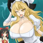  black_hair blonde_hair blush bow braid breast_envy breasts cleavage empty_eyes gloves hair_bow hakurei_reimu hat huge_breasts invincible_marisa kirisame_marisa long_hair looking_at_breasts multiple_girls new_super_marisa_land one_eye_closed open_mouth oro_(zetsubou_girl) touhou witch_hat yellow_eyes 