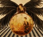  artist_request black_hair black_wings blonde_hair checkered checkered_floor clock el_shaddai enoch feathers lucifel_(el_shaddai) male_focus multiple_boys multiple_wings perspective smile wings 