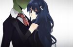  1girl 4chan anonymous artist_request blue_eyes blue_hair couple dress elbow_gloves formal gloves hair_ornament hetero long_hair lowres necktie personification suit tumblr 