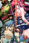  2boys ass back bandages bare_shoulders blue_hair clenched_hand goggles gun gurren-lagann highres kamina looking_back magazine_scan mecha multiple_boys nishigori_atsushi official_art red_hair rifle scan scarf simon sunglasses tattoo tengen_toppa_gurren_lagann thighhighs weapon yoko_littner 