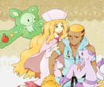  1girl bad_id bad_pixiv_id blonde_hair cattleya_(pokemon) commentary_request dark_skin elite_four gen_5_pokemon long_hair mienshao pokemon pokemon_(creature) pokemon_(game) pokemon_bw renbu_(pokemon) reuniclus sitting very_long_hair 