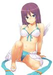  arm_support bikini blue_eyes bracelet jewelry long_hair navel purple_hair ragnarok_online sajipen sandals smile solo swimsuit wanderer wings 