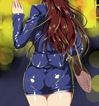  ass bag belt formal from_behind handbag head_out_of_frame jacket lens_flare long_hair miniskirt night office_lady original outdoors pantylines pencil_skirt red_hair saruanu shiny shiny_clothes shiny_skin skin_tight skirt skirt_suit solo standing suit waving 
